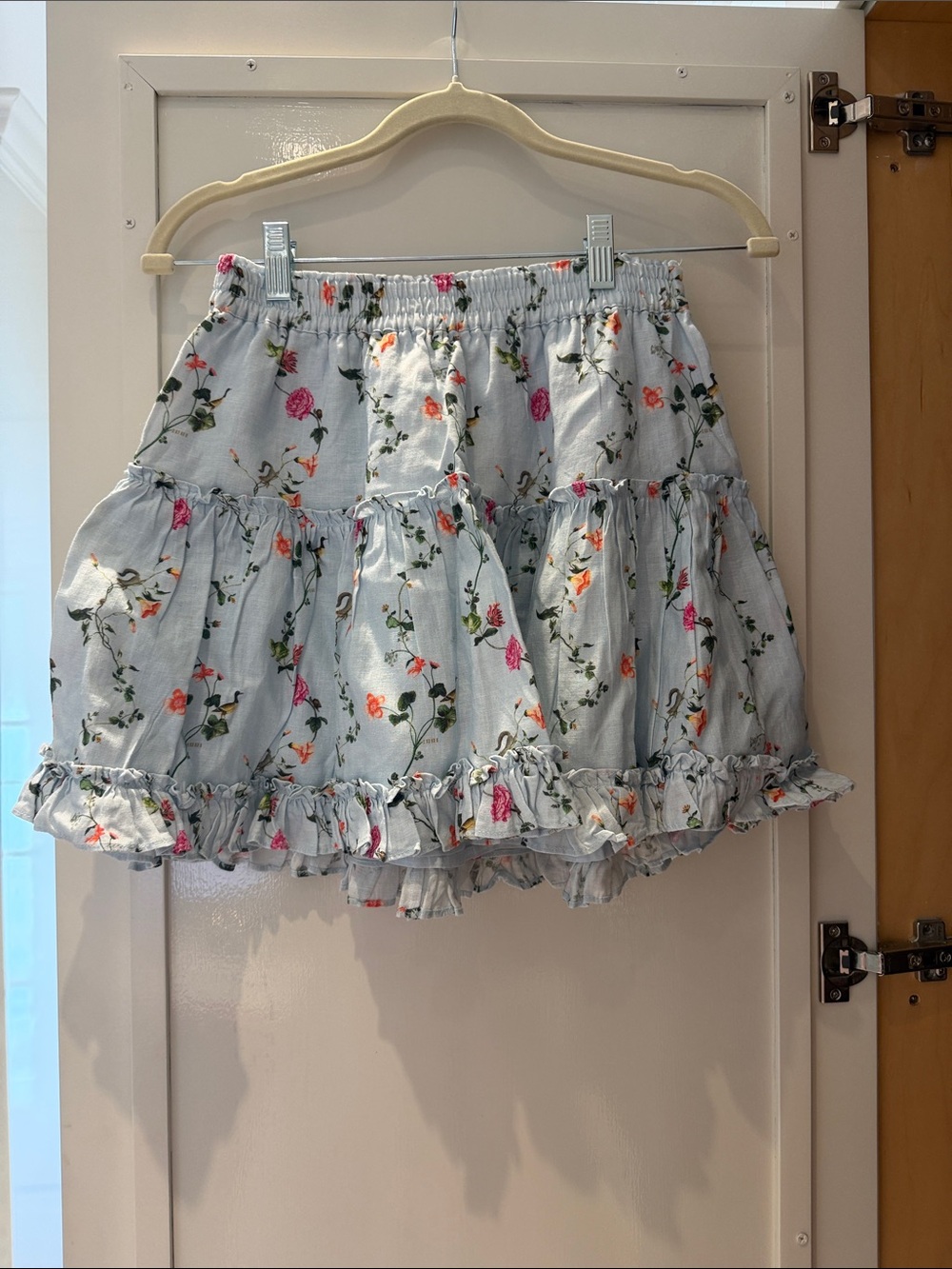 Hill House Light Blue Floral Ruffle Mini Skirt